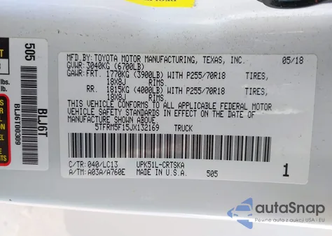 2018 Toyota Tundra Sr 4.6L V8 из США, поврежденный, VIN 5TFRM5F15JX132169